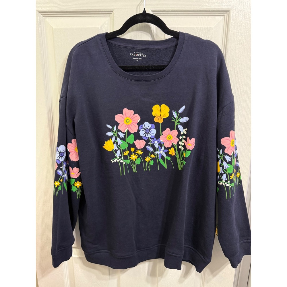 Catalog Favorites Navy Blue Wildflower Graphic Sweatshirt XL Floral Sleeves